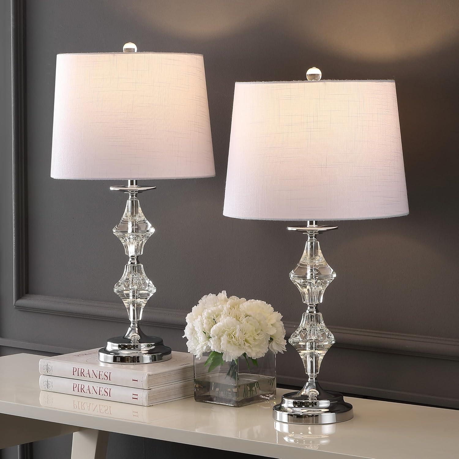 image:imageJONATHAN Y 275 Clear Crystal Table Lamp Set of 2 for Living Room Bedroom Glam Traditional Chrome Nightstand Lamps White Linen Drum Shade LED Bulbs Included JYL2037ASET2