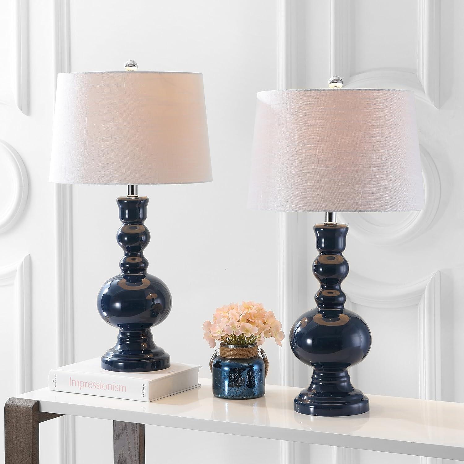 image:imageJONATHAN Y 285 Navy Glass Table Lamp Set of 2 for Living Room Bedroom Decor Modern Bedside Lamps with White Linen Shade LED Bulbs Included JYL1061ESET2Navy