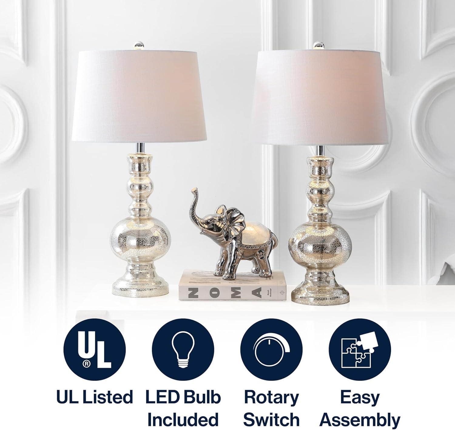 image:imageJONATHAN Y 285 Navy Glass Table Lamp Set of 2 for Living Room Bedroom Decor Modern Bedside Lamps with White Linen Shade LED Bulbs Included JYL1061ESET2Mercury Silver