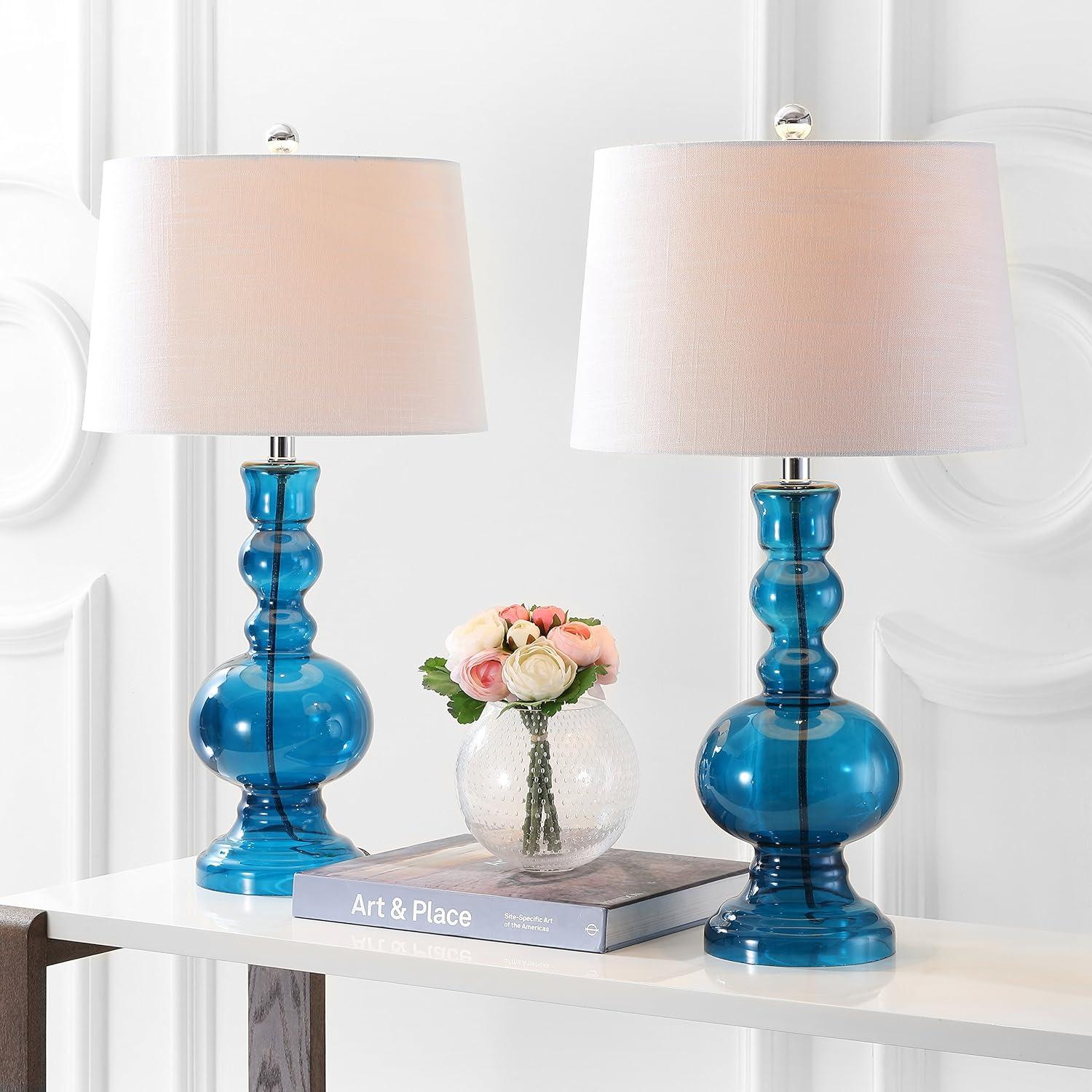 image:imageJONATHAN Y 285 Navy Glass Table Lamp Set of 2 for Living Room Bedroom Decor Modern Bedside Lamps with White Linen Shade LED Bulbs Included JYL1061ESET2Night Blue