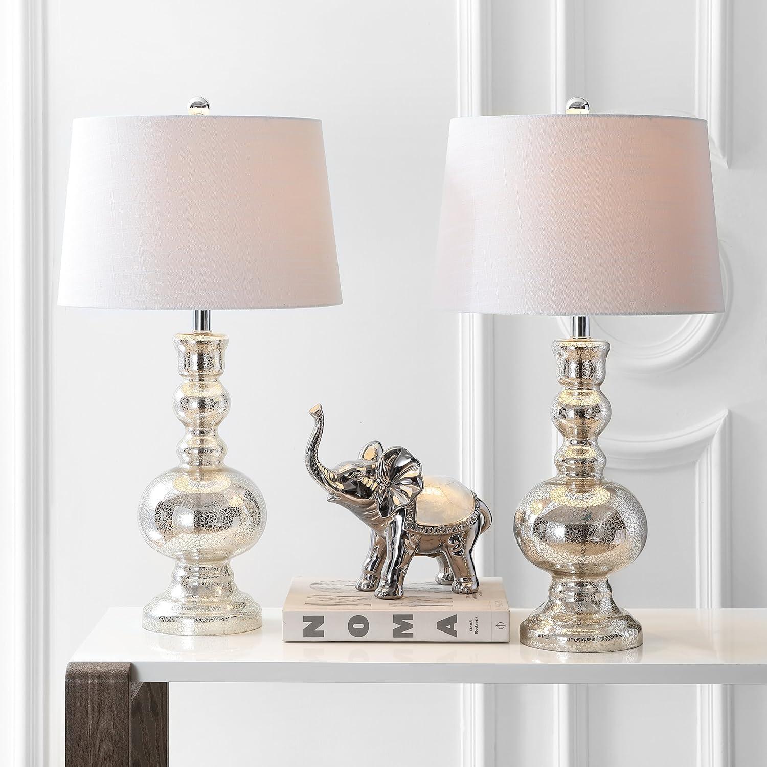 image:imageJONATHAN Y 285 Navy Glass Table Lamp Set of 2 for Living Room Bedroom Decor Modern Bedside Lamps with White Linen Shade LED Bulbs Included JYL1061ESET2Mercury Silver