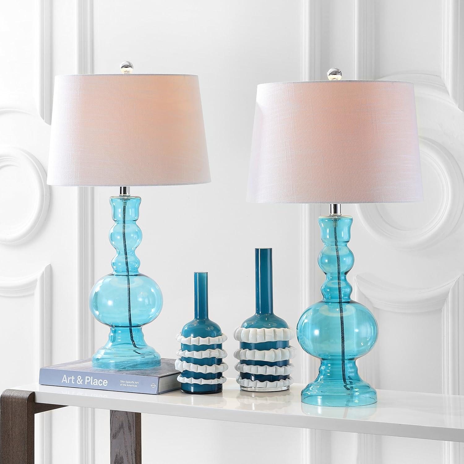 image:imageJONATHAN Y 285 Navy Glass Table Lamp Set of 2 for Living Room Bedroom Decor Modern Bedside Lamps with White Linen Shade LED Bulbs Included JYL1061ESET2Aqua