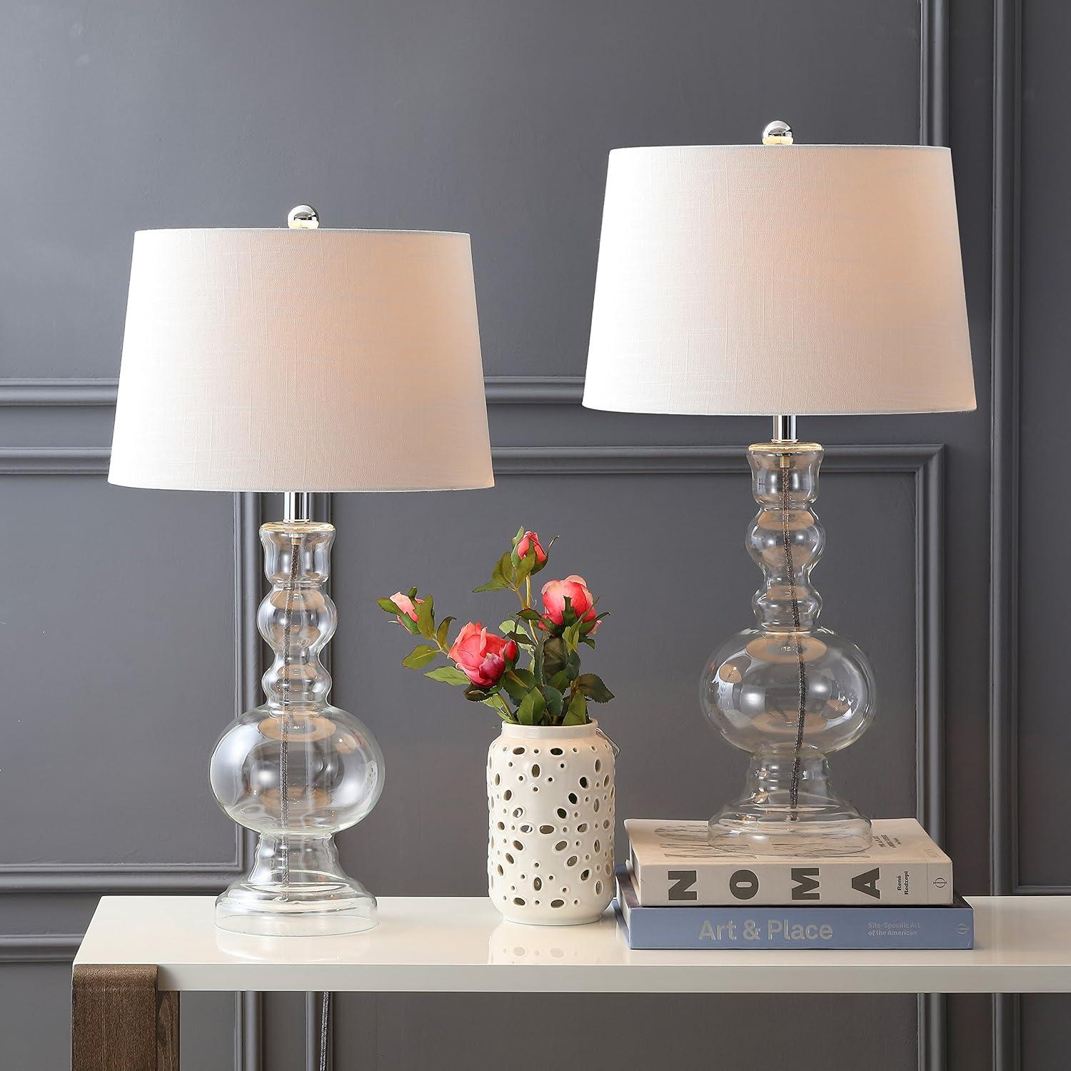 image:imageJONATHAN Y 285 Navy Glass Table Lamp Set of 2 for Living Room Bedroom Decor Modern Bedside Lamps with White Linen Shade LED Bulbs Included JYL1061ESET2Clear
