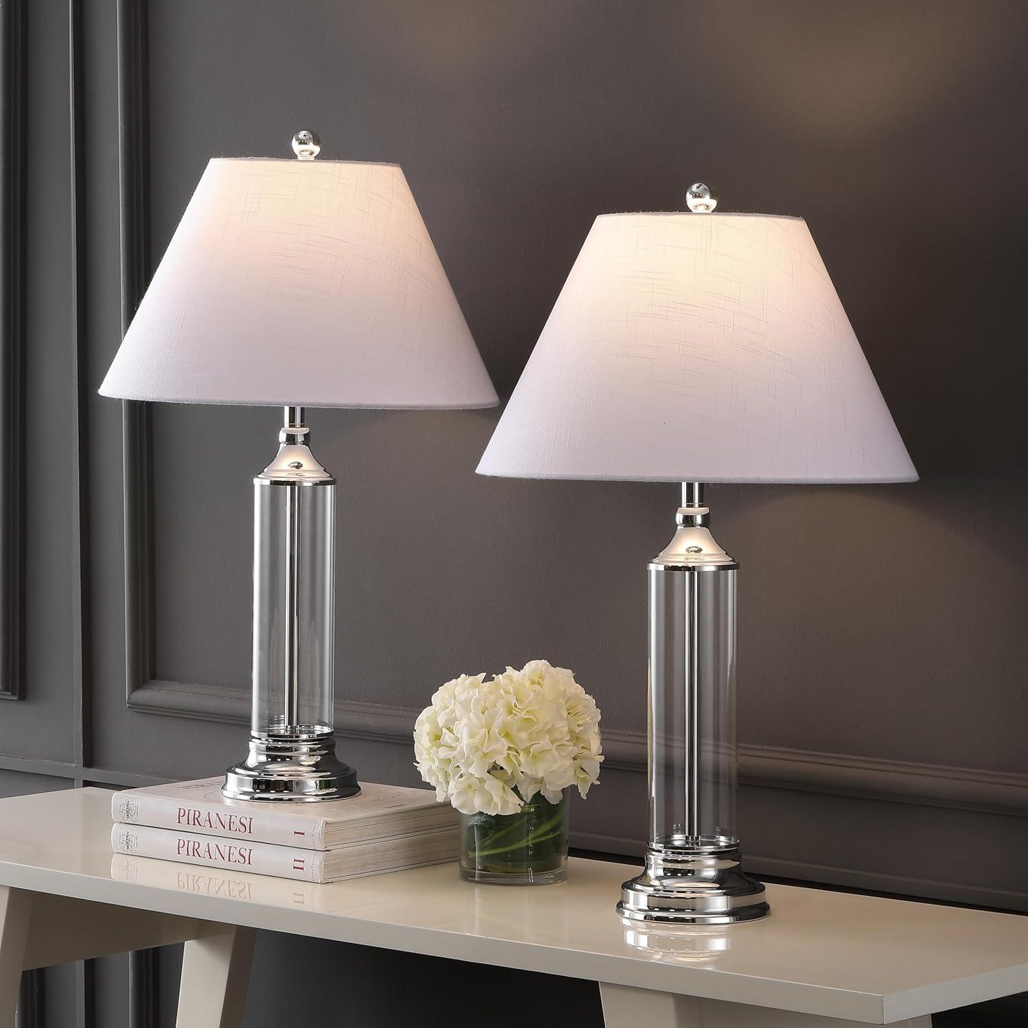 image:imageJONATHAN Y 29 Smoked Gray Glass LED Table Lamp Set of 2 Modern Bedside Nightstand Lamps for Living Room Bedroom Office White Linen Shade Transitional Decor JYL4014BSET2Clear