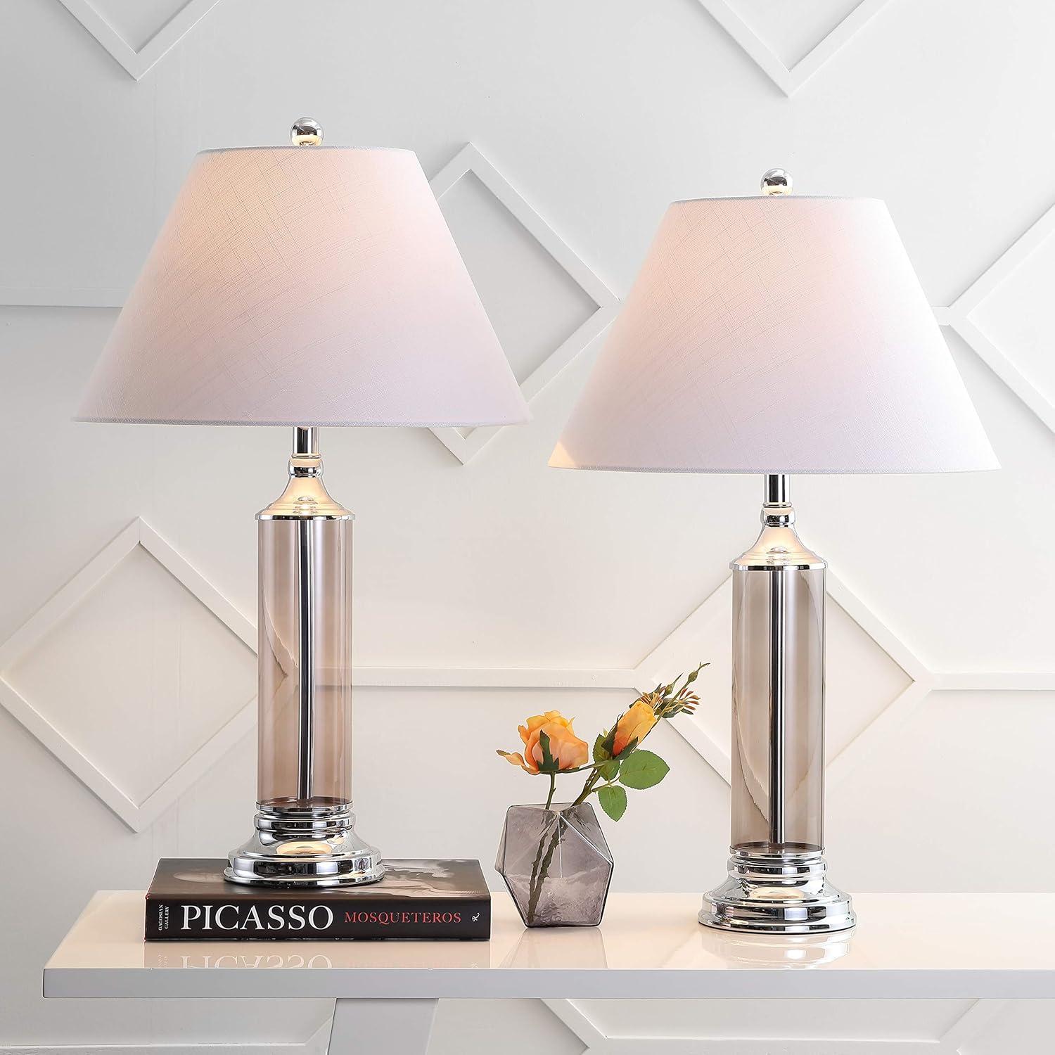 image:imageJONATHAN Y 29 Smoked Gray Glass LED Table Lamp Set of 2 Modern Bedside Nightstand Lamps for Living Room Bedroom Office White Linen Shade Transitional Decor JYL4014BSET2Smoked Gray