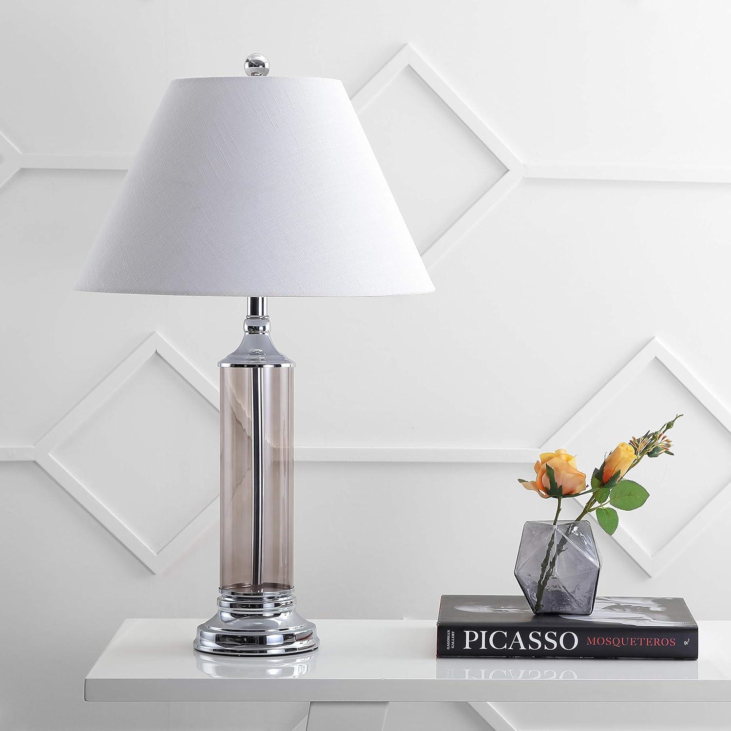 image:imageJONATHAN Y 29 Smoked Gray Glass LED Table Lamp Set of 2 Modern Bedside Nightstand Lamps for Living Room Bedroom Office White Linen Shade Transitional Decor JYL4014BSET2Smoked Gray