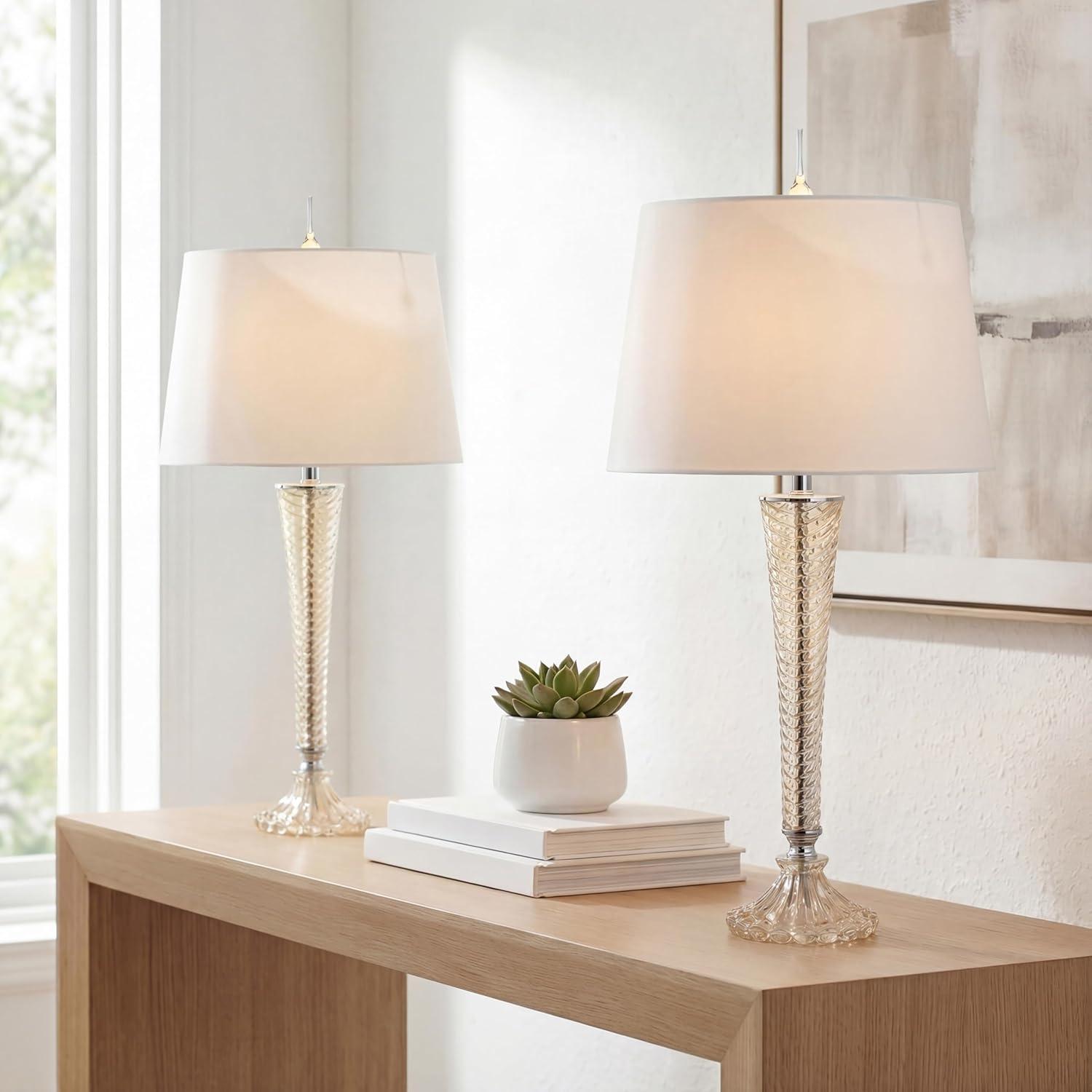 image:imageJONATHAN Y 32 Champagne Glass Table Lamp Set of 2 Traditional French Country Bedside Lamps for Living Room Bedroom White Faux Silk Shade LED Bulbs Included JYL2068ASET2