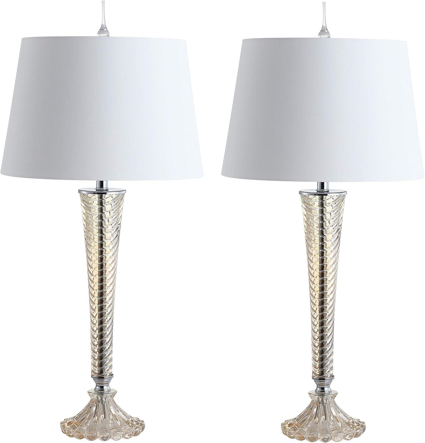 image:imageJONATHAN Y 32 Champagne Glass Table Lamp Set of 2 Traditional French Country Bedside Lamps for Living Room Bedroom White Faux Silk Shade LED Bulbs Included JYL2068ASET2