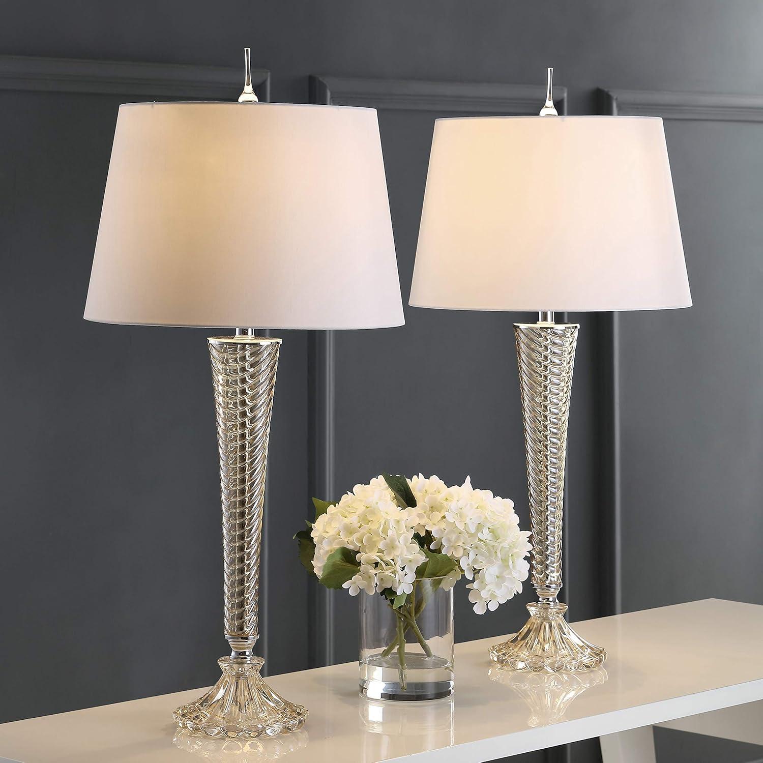 image:imageJONATHAN Y 32 Champagne Glass Table Lamp Set of 2 Traditional French Country Bedside Lamps for Living Room Bedroom White Faux Silk Shade LED Bulbs Included JYL2068ASET2