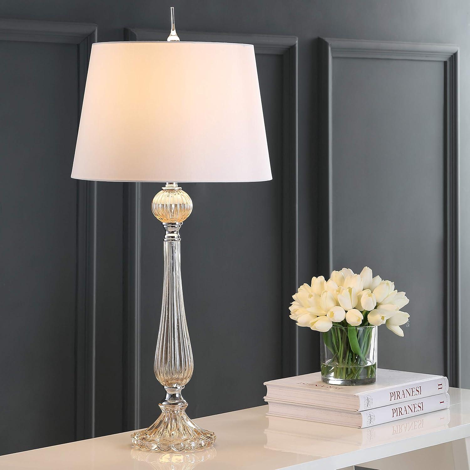 image:imageJONATHAN Y 325 Champagne Glass Table Lamp Set of 2 for Living Room Bedroom Traditional French Country Bedside Lamps with White Faux Silk Shade LED Bulbs Included JYL2067ASET2