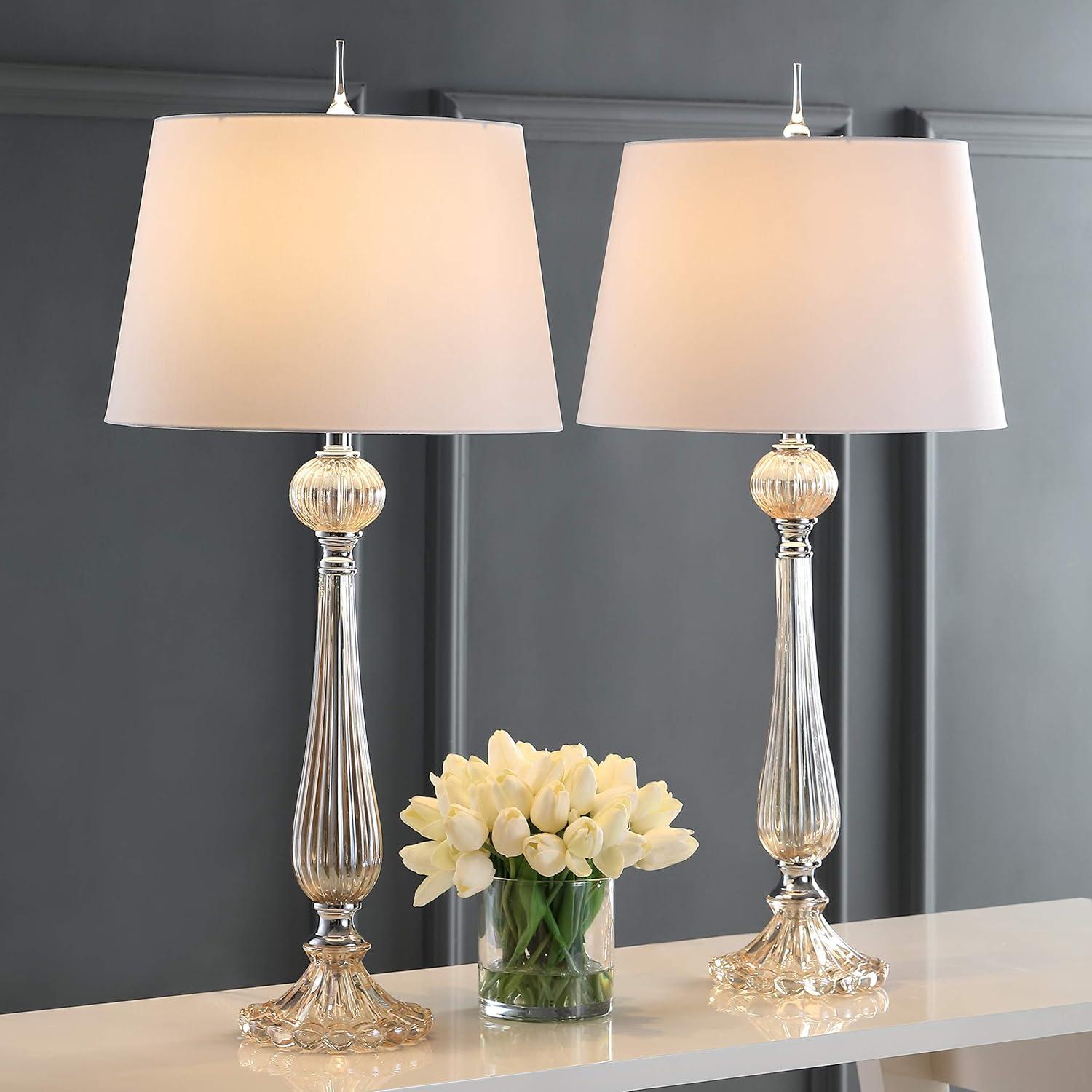 image:imageJONATHAN Y 325 Champagne Glass Table Lamp Set of 2 for Living Room Bedroom Traditional French Country Bedside Lamps with White Faux Silk Shade LED Bulbs Included JYL2067ASET2