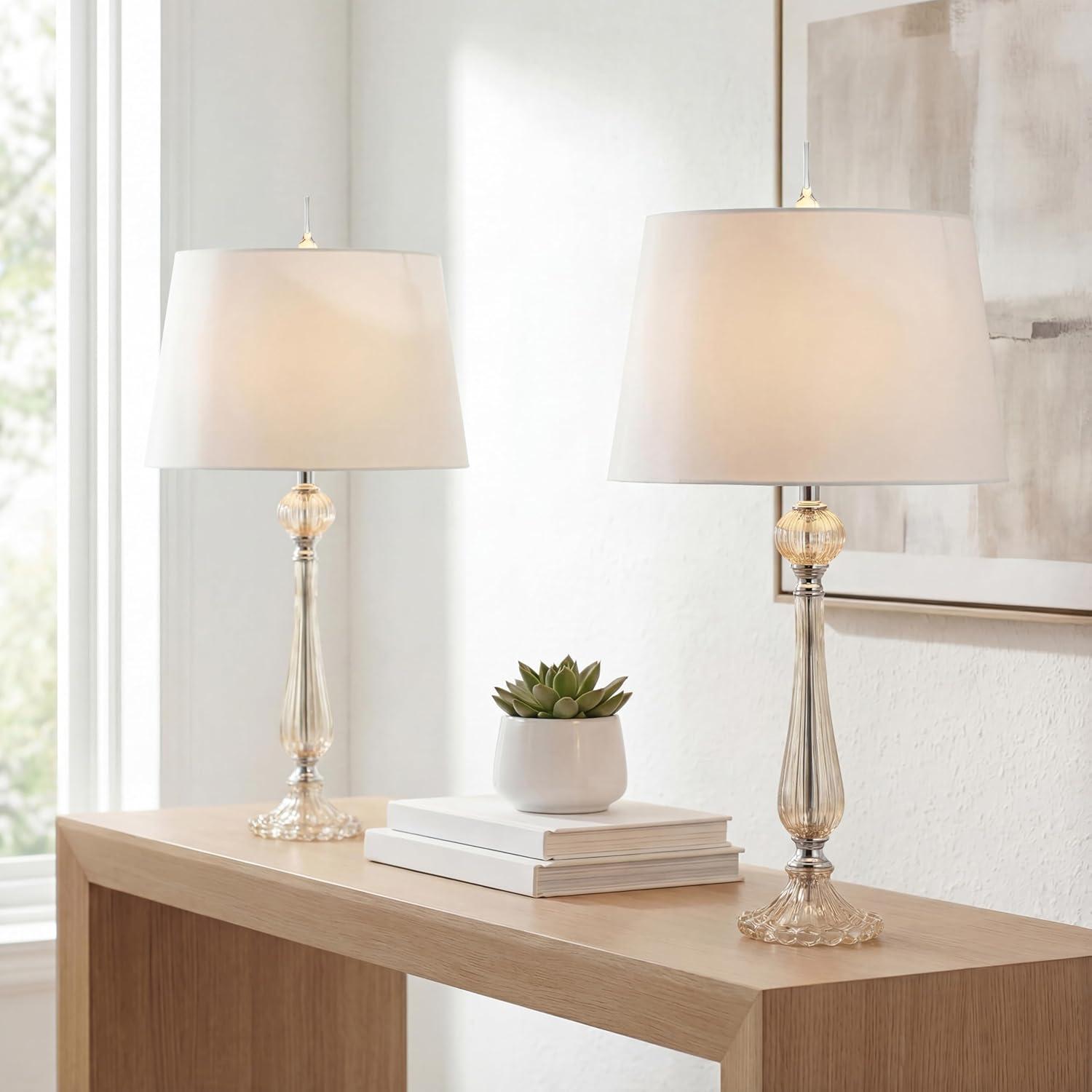image:imageJONATHAN Y 325 Champagne Glass Table Lamp Set of 2 for Living Room Bedroom Traditional French Country Bedside Lamps with White Faux Silk Shade LED Bulbs Included JYL2067ASET2