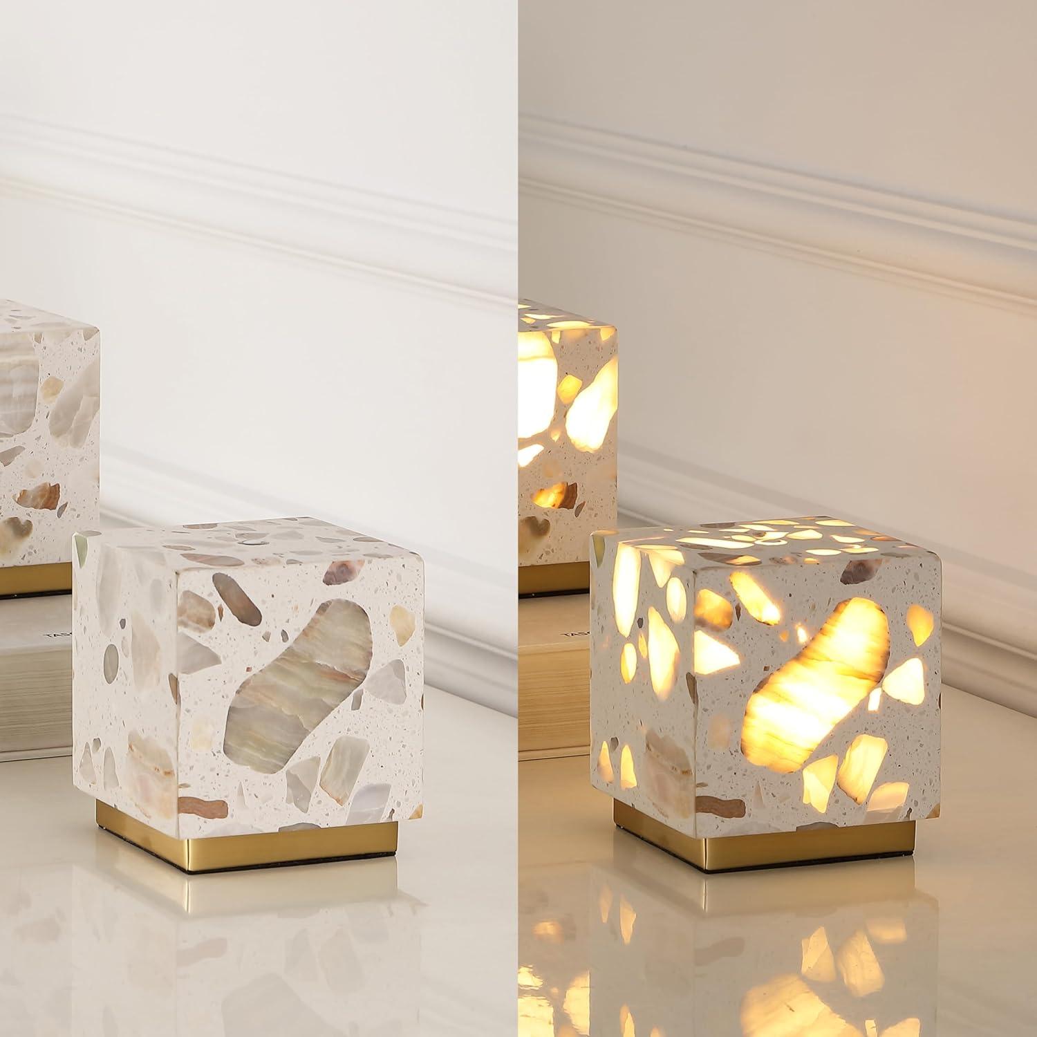 image:imageJONATHAN Y 463 IvoryBrass Gold Modern Glam Terrazzo Rechargeable Cordless Dimmable Integrated LED Mini Table Lamp Set of 2 Touch Sensor Cube Accent Lights for Bedroom JYL1200ASET2