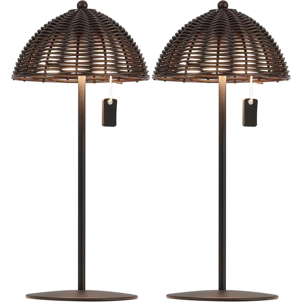 image:imageJONATHAN Y 1275 Dark Brown Modern Coastal Rechargeable LED Table Lamp Set of 2 for Patio Porch Dimmable Cordless Bedside Lamp Light Brown Faux Wicker Shade JYL7169BSET2Dark Brown