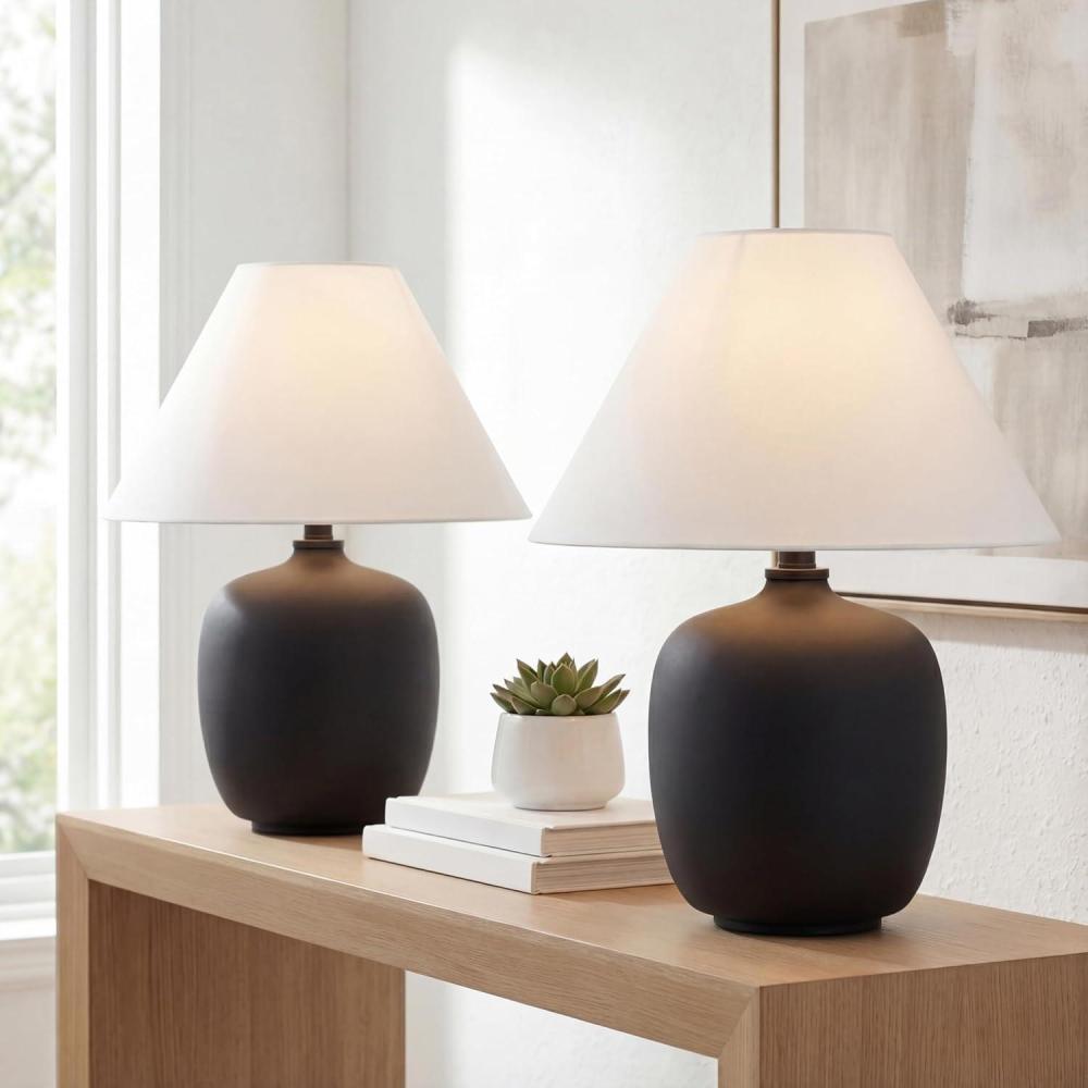 image:imageJONATHAN Y 1825 Matte Black Minimalist Table Lamps Set of 2 for Bedroom White Linen Shade Modern Scandinavian Bedside Lamps for Living Room Nightstand LED Bulbs Included JYL5600ASET2Matte Black