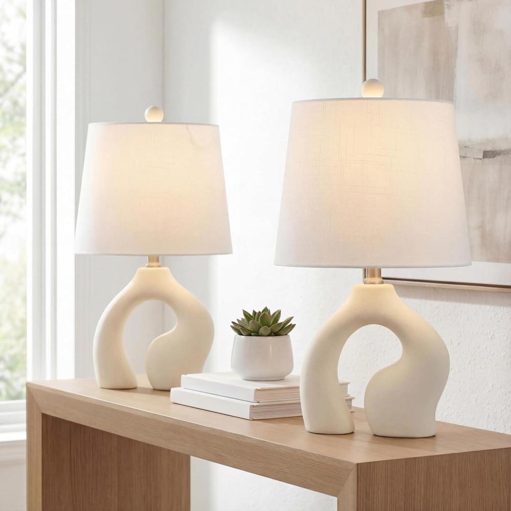 image:imageJONATHAN Y 19 Cream Ceramic Arch LED Table Lamp Set of 2 Scandinavian Minimalist Modern Bedside Lamps for Living Room Bedroom White Linen Shade LED Bulbs Included JYL5504ASET2