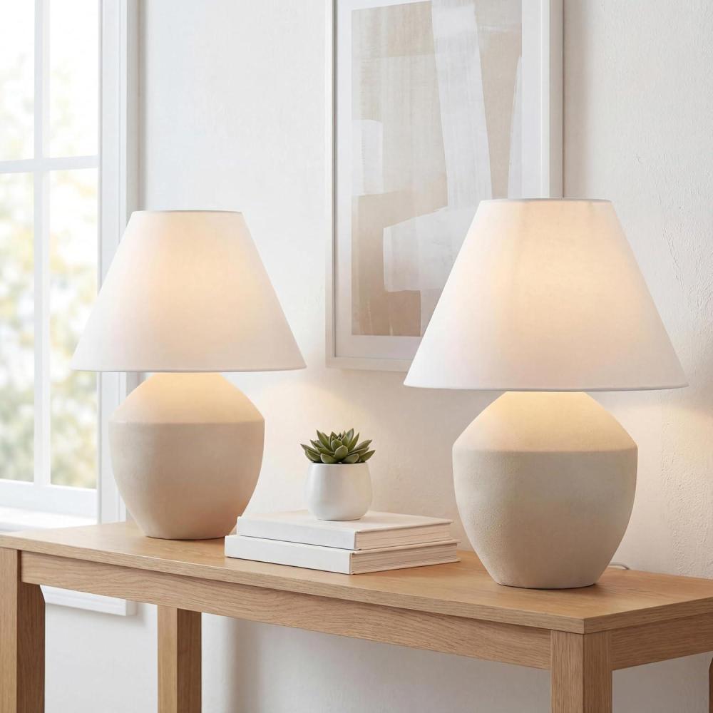image:imageJONATHAN Y 205 Matte Cream Minimalist Table Lamp Set of 2 for Living Room Modern Scandinavian Bedside Lamps for Bedroom White Linen Shade LED Bulbs Included JYL5604BSET2Matte Cream