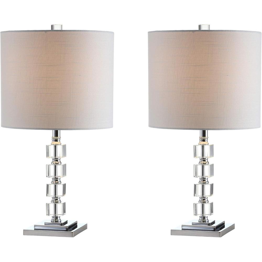 image:imageJONATHAN Y 22 Clear Crystal and Chrome Stacked Cube Table Lamp Set of 2 Glam Contemporary Nightstand Lamps with White Linen Drum Shade LED Bulbs Included JYL5040ASET2