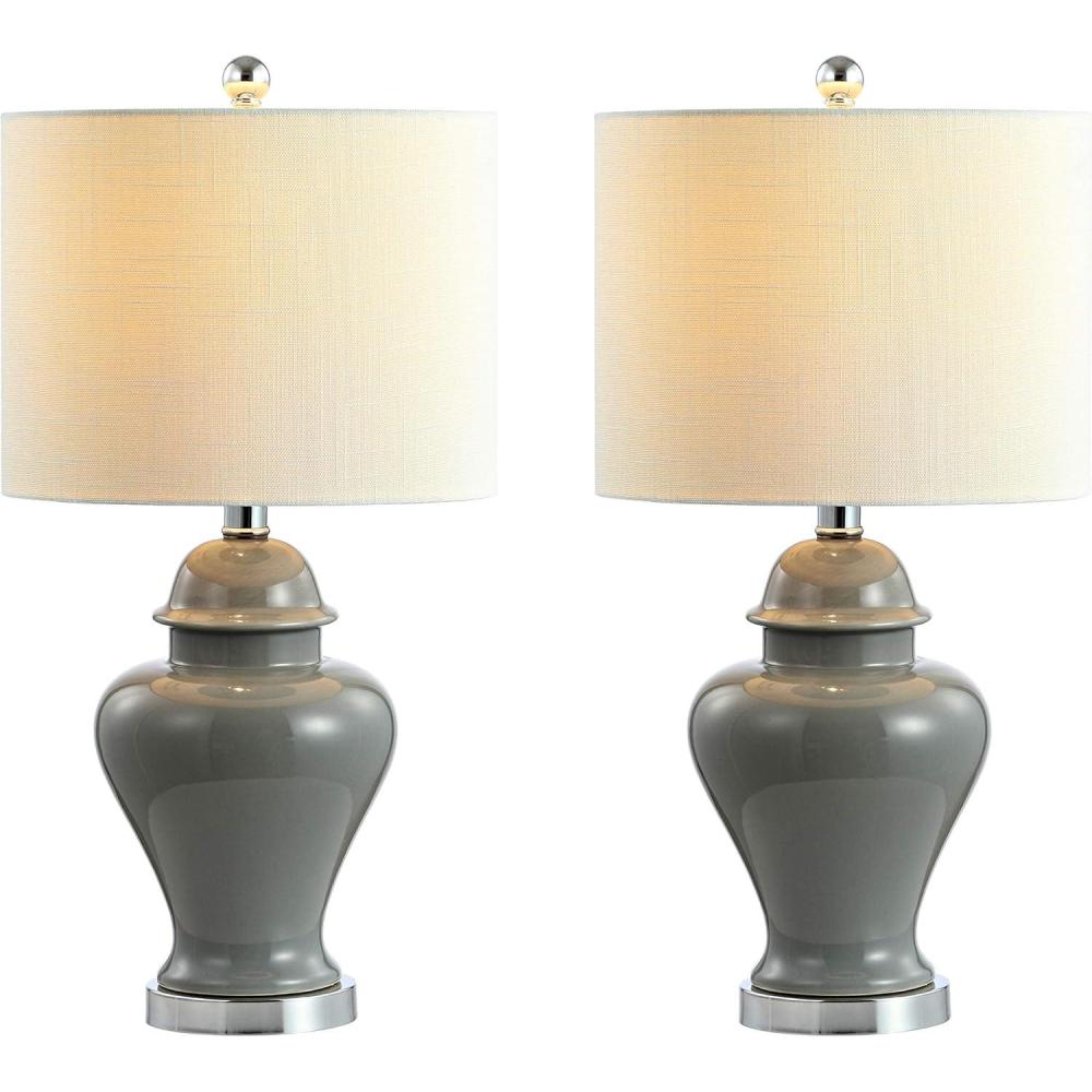 image:imageJONATHAN Y 22 White Ceramic Table Lamp Set of 2 for Bedroom Living Room White Linen Shade Traditional Ginger Jar Nightstand Lamp Classic Cottage LED Lights JYL6602CSET2Gray
