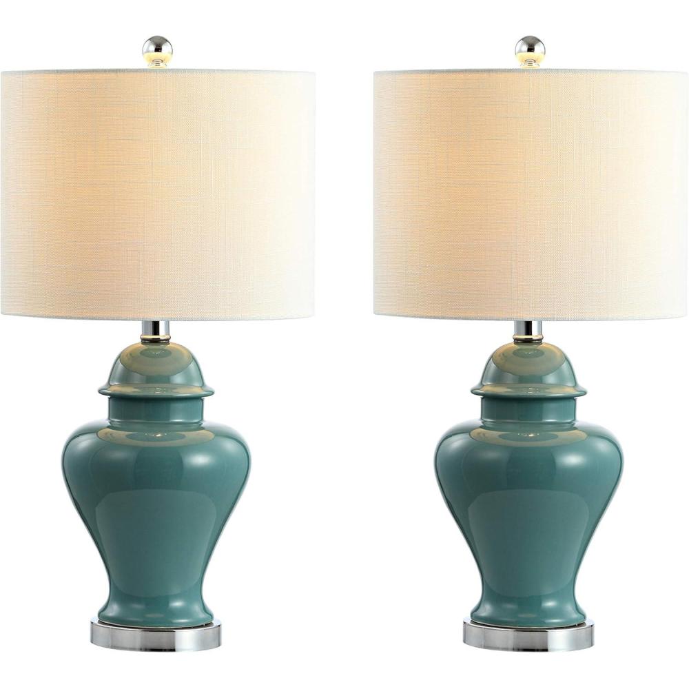 image:imageJONATHAN Y 22 White Ceramic Table Lamp Set of 2 for Bedroom Living Room White Linen Shade Traditional Ginger Jar Nightstand Lamp Classic Cottage LED Lights JYL6602CSET2Green