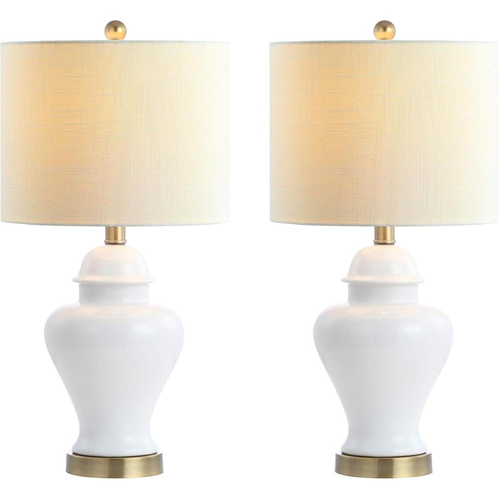 image:imageJONATHAN Y 22 White Ceramic Table Lamp Set of 2 for Bedroom Living Room White Linen Shade Traditional Ginger Jar Nightstand Lamp Classic Cottage LED Lights JYL6602CSET2White