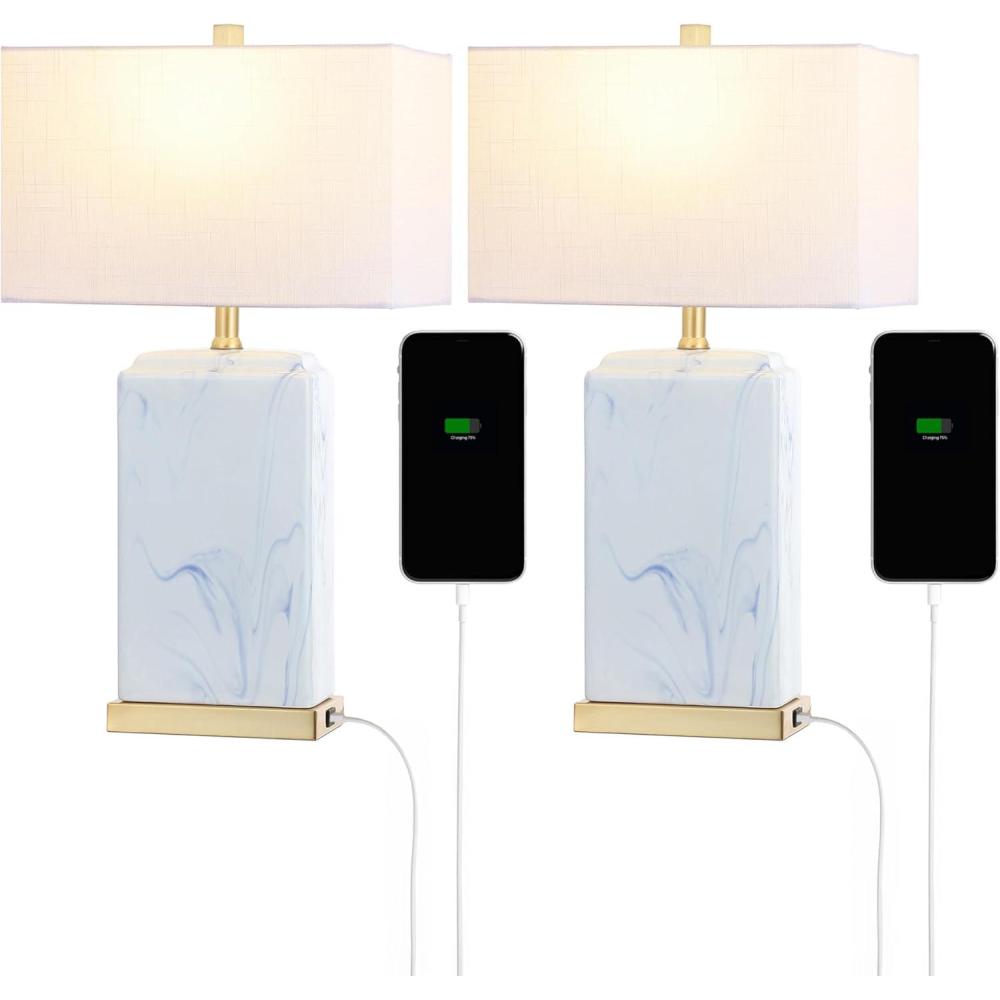 image:imageJONATHAN Y 245 Blue and White Marbled Ceramic LED Table Lamp Set of 2 with USB Port Modern Coastal Iron Nightstand Lamp Brass Gold Accents LED Bulbs Included JYL1140ASET2