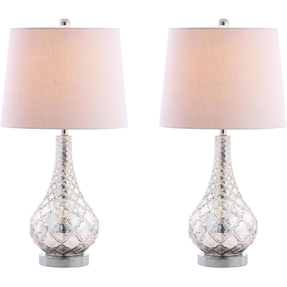 image:imageJONATHAN Y 255 Mercury Silver Glass Table Lamp Set of 2 for Bedroom Contemporary Transitional Trellis Lamps for Living Room White Linen Shade LED Bulbs Included JYL1077ASET2