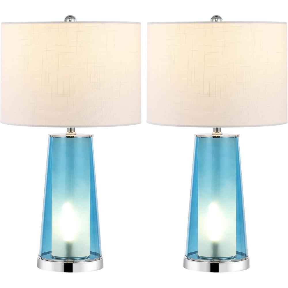 image:imageJONATHAN Y 26 ClearBrass Gold Nightlight Table Lamp Set of 2 for Bedroom Modern Glass Desk Lamps with White Fabric Shade Farmhouse Living Room Decor LED Bulbs Included JYL1137ASET2Clear BlueChrome