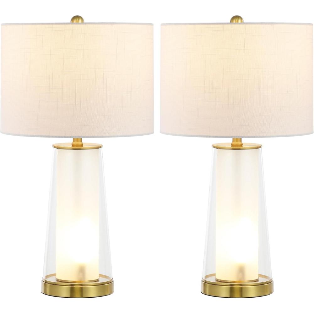 image:imageJONATHAN Y 26 ClearBrass Gold Nightlight Table Lamp Set of 2 for Bedroom Modern Glass Desk Lamps with White Fabric Shade Farmhouse Living Room Decor LED Bulbs Included JYL1137ASET2ClearBrass Gold