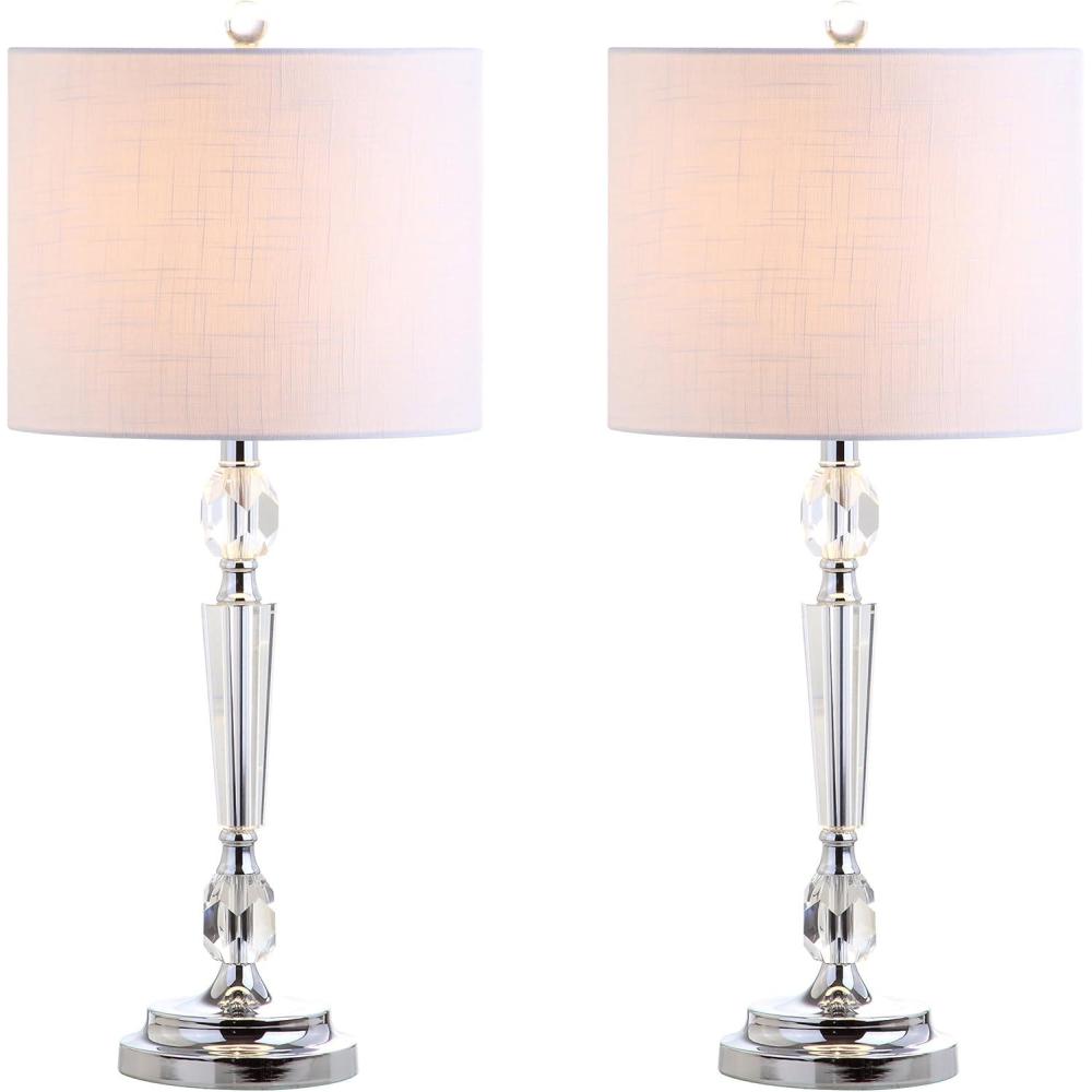image:imageJONATHAN Y 27 Clear Crystal LED Table Lamp Set of 2 Modern Glam Candlestick Bedside Lamps for Living Room Bedroom Chrome White Linen Drum Shade LED Bulbs Included JYL2047ASET2