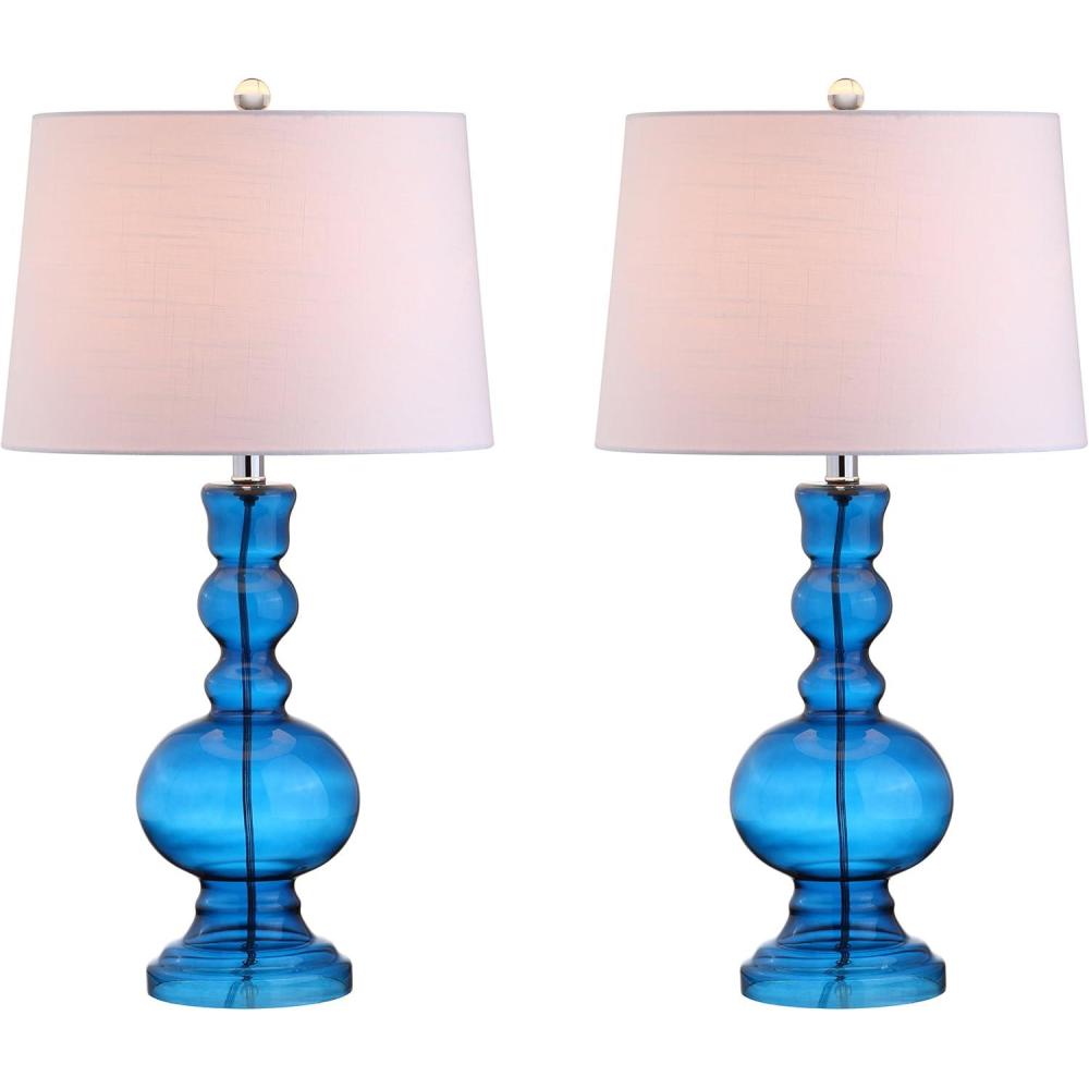 image:imageJONATHAN Y 285 Navy Glass Table Lamp Set of 2 for Living Room Bedroom Decor Modern Bedside Lamps with White Linen Shade LED Bulbs Included JYL1061ESET2Night Blue