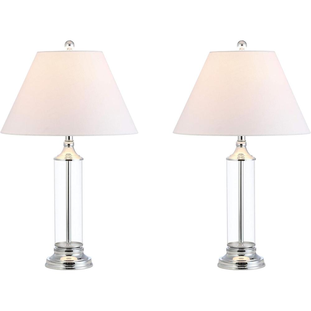 image:imageJONATHAN Y 29 Smoked Gray Glass LED Table Lamp Set of 2 Modern Bedside Nightstand Lamps for Living Room Bedroom Office White Linen Shade Transitional Decor JYL4014BSET2Clear