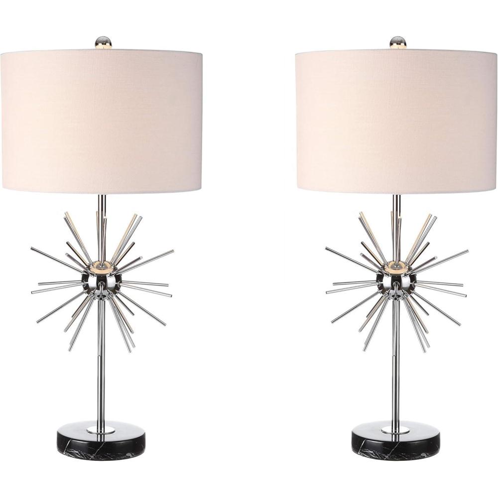 image:imageJONATHAN Y 315 Chrome Metal and Marble Starburst LED Table Lamp Set of 2 MidCentury Modern Glam Lamp for Living Room Bedroom White Linen Shade LED Bulbs Included JYL2011ASET2
