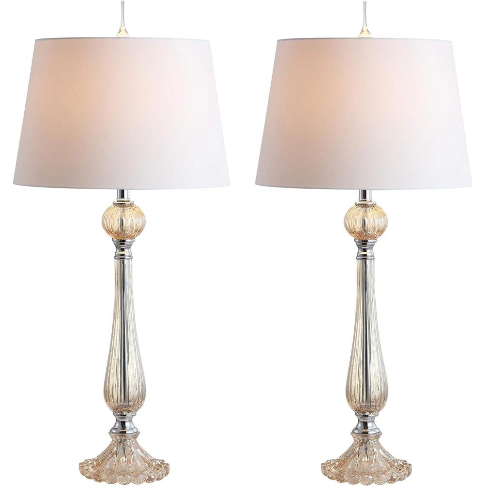 image:imageJONATHAN Y 325 Champagne Glass Table Lamp Set of 2 for Living Room Bedroom Traditional French Country Bedside Lamps with White Faux Silk Shade LED Bulbs Included JYL2067ASET2