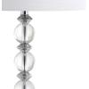 JONATHAN Y 26″ Clear/Chrome Crystal LED Table Lamp Set of 2, Transitional Faceted Glass and Metal Nightstand Lamps with White Linen Drum Shade, LED Bulbs Included JYL5041A-SET2