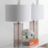 JONATHAN Y 27.5″ Cobalt Modern Fused Glass Table Lamp Set of 2 for Bedroom Living Room, Coastal Nightstand Bedside Lamp with White Linen Shade, LED Bulbs Included (JYL4017D-SET2)(Smoky Gray)