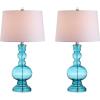JONATHAN Y 28.5″ Navy Glass Table Lamp Set of 2 for Living Room Bedroom Decor, Modern Bedside Lamps with White Linen Shade, LED Bulbs Included (JYL1061E-SET2)(Aqua)