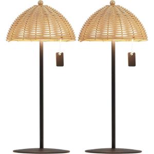 JONATHAN Y 12.75″ Dark Brown Modern Coastal Rechargeable LED Table Lamp Set of 2 for Patio Porch, Dimmable Cordless Bedside Lamp, Light Brown Faux Wicker Shade (JYL7169B-SET2)(Light Brown)