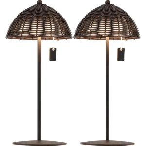 JONATHAN Y 12.75″ Dark Brown Modern Coastal Rechargeable LED Table Lamp Set of 2 for Patio Porch, Dimmable Cordless Bedside Lamp, Light Brown Faux Wicker Shade (JYL7169B-SET2)(Dark Brown)
