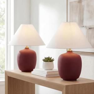 JONATHAN Y 18.25″ Matte Black Minimalist Table Lamps Set of 2 for Bedroom, White Linen Shade, Modern Scandinavian Bedside Lamps for Living Room Nightstand, LED Bulbs Included JYL5600A-SET2(Matte Wine Red)