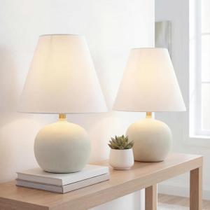 JONATHAN Y 18.25″ Matte Cream Modern Gourd LED Table Lamp Set of 2 for Bedroom, Scandinavian Resin Nightstand Lamps for Living Room, White Linen Shade (JYL5602B-SET2)(Matte Cream)