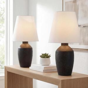JONATHAN Y 19.5″ Matte Cream Modern Table Lamp Set of 2, Minimalist Ginger Jar Lamps for Bedroom Living Room Office, White Linen Shade, LED Bulbs Included (JYL5605B-SET2)(Matte Black)