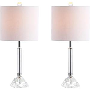 JONATHAN Y 19.75″ Clear Crystal Table Lamp Set of 2 for Bedroom, Modern Glam Chrome and Glass Column Nightstand Lamps for Living Room, White Linen Shade, LED Bulbs Included JYL2078A-SET2