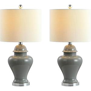 JONATHAN Y 22″ White Ceramic Table Lamp Set of 2 for Bedroom Living Room, White Linen Shade, Traditional Ginger Jar Nightstand Lamp, Classic Cottage LED Lights (JYL6602C-SET2)(Gray)