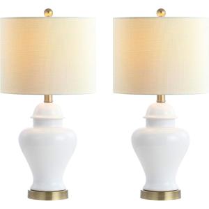 JONATHAN Y 22″ White Ceramic Table Lamp Set of 2 for Bedroom Living Room, White Linen Shade, Traditional Ginger Jar Nightstand Lamp, Classic Cottage LED Lights (JYL6602C-SET2)(White)