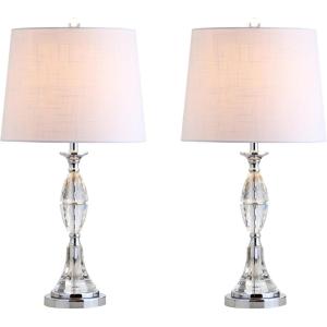 JONATHAN Y 25.5″ Clear/Chrome Crystal Table Lamp Set of 2 for Bedroom, Traditional French Country Lamps for Living Room, White Linen Drum Shade, LED Bulbs Included JYL2041A-SET2
