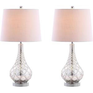 JONATHAN Y 25.5″ Mercury Silver Glass Table Lamp Set of 2 for Bedroom, Contemporary Transitional Trellis Lamps for Living Room, White Linen Shade, LED Bulbs Included JYL1077A-SET2