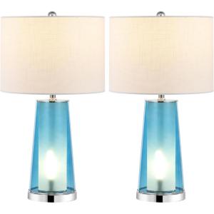 JONATHAN Y 26″ Clear/Brass Gold Nightlight Table Lamp Set of 2 for Bedroom, Modern Glass Desk Lamps with White Fabric Shade, Farmhouse Living Room Decor, LED Bulbs Included JYL1137A-SET2(Clear Blue/Chrome)