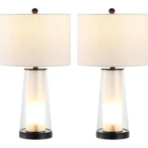 JONATHAN Y 26″ Clear/Brass Gold Nightlight Table Lamp Set of 2 for Bedroom, Modern Glass Desk Lamps with White Fabric Shade, Farmhouse Living Room Decor, LED Bulbs Included JYL1137A-SET2(Oil Rubbed Bronze/Clear)