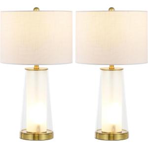 JONATHAN Y 26″ Clear/Brass Gold Nightlight Table Lamp Set of 2 for Bedroom, Modern Glass Desk Lamps with White Fabric Shade, Farmhouse Living Room Decor, LED Bulbs Included JYL1137A-SET2(Clear/Brass Gold)